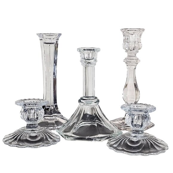 vtg assorted crystal candlesticks lot/5 taper glass holders wedding decor tables - Picture 2 of 6